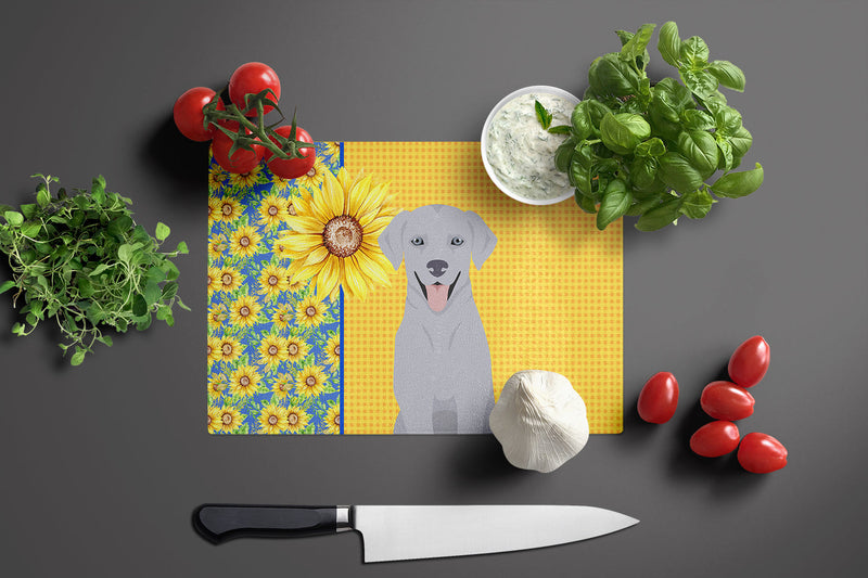 Summer Sunflowers Silver Labrador Retriever Glass Cutting Boards – Durable, Decorative Kitchen Art Large