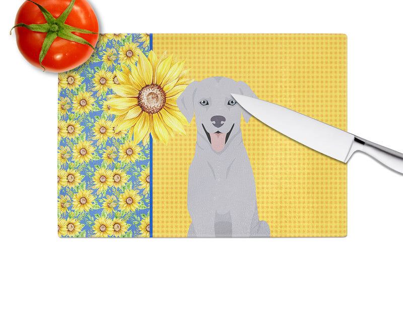 Summer Sunflowers Silver Labrador Retriever Glass Cutting Boards – Durable, Decorative Kitchen Art Large