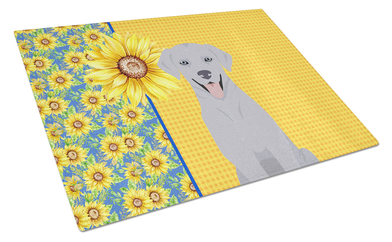 Summer Sunflowers Silver Labrador Retriever Glass Cutting Boards – Durable, Decorative Kitchen Art Large