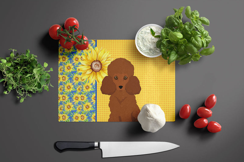 Summer Sunflowers Toy Red Poodle Glass Cutting Boards – Durable, Decorative Kitchen Art Large