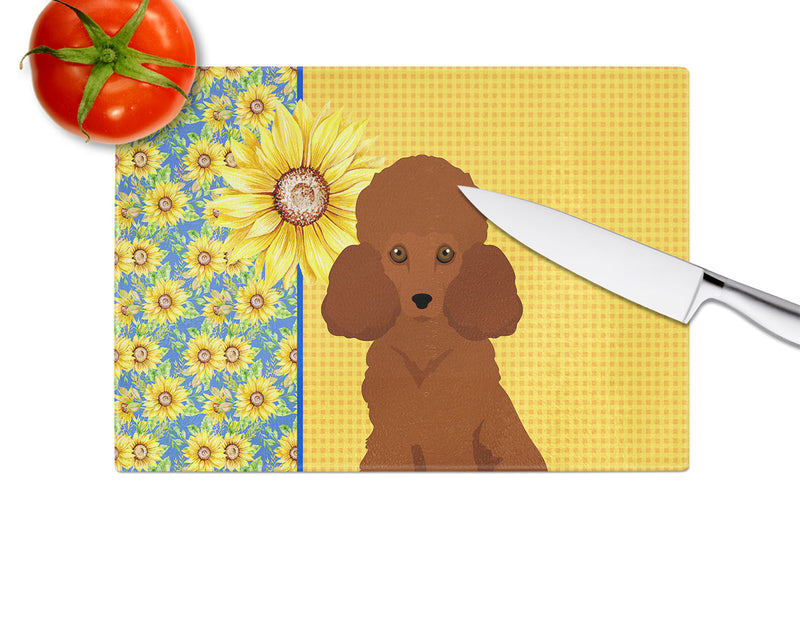 Summer Sunflowers Toy Red Poodle Glass Cutting Boards – Durable, Decorative Kitchen Art Large
