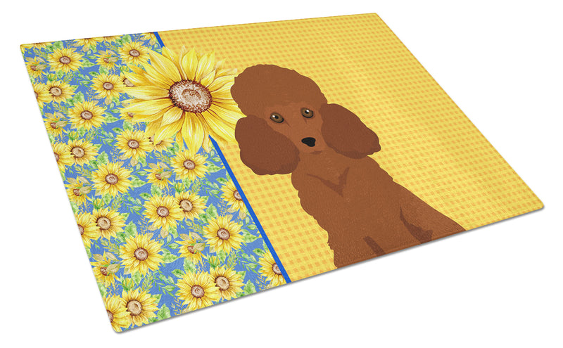 Summer Sunflowers Toy Red Poodle Glass Cutting Boards – Durable, Decorative Kitchen Art Large