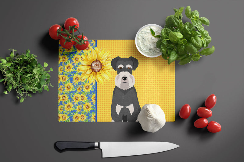 Summer Sunflowers Black and Silver Natural Ears Schnauzer Glass Cutting Boards – Durable, Decorative Kitchen Art Large