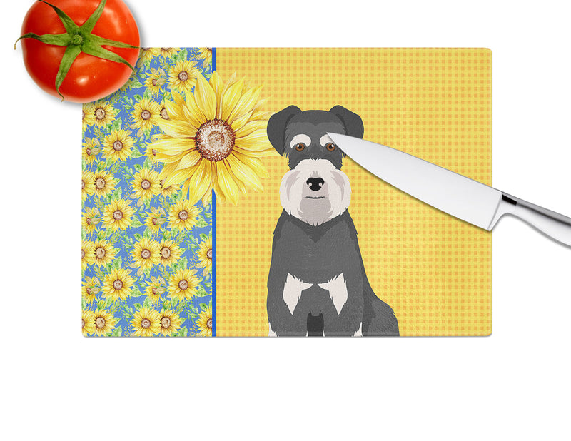 Summer Sunflowers Black and Silver Natural Ears Schnauzer Glass Cutting Boards – Durable, Decorative Kitchen Art Large