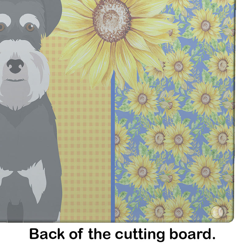 Summer Sunflowers Black and Silver Natural Ears Schnauzer Glass Cutting Boards – Durable, Decorative Kitchen Art Large
