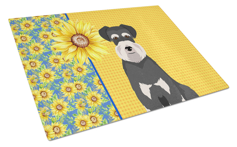 Summer Sunflowers Black and Silver Natural Ears Schnauzer Glass Cutting Boards – Durable, Decorative Kitchen Art Large