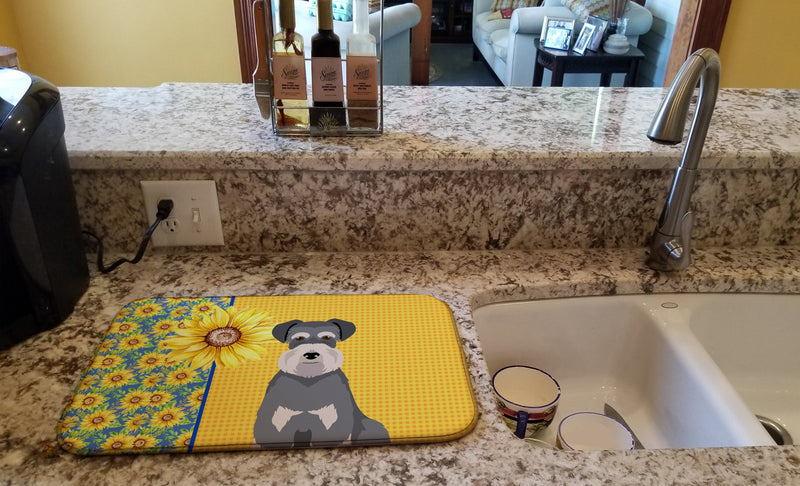 Summer Sunflowers Salt Pepper Natural Ears Schnauzer Dish Drying Mat – Absorbent, Artistic Kitchen Essentials
