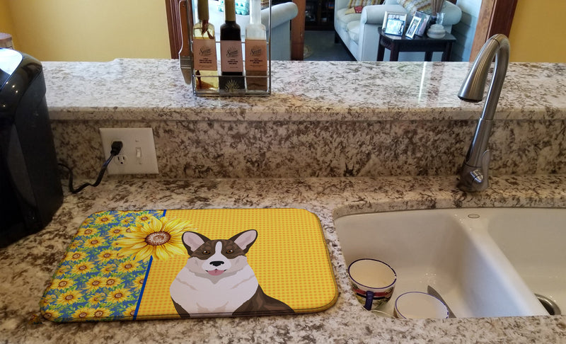 Summer Sunflowers Brindle Cardigan Corgi Dish Drying Mat – Absorbent, Artistic Kitchen Essentials