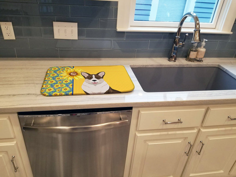 Summer Sunflowers Brindle Cardigan Corgi Dish Drying Mat – Absorbent, Artistic Kitchen Essentials