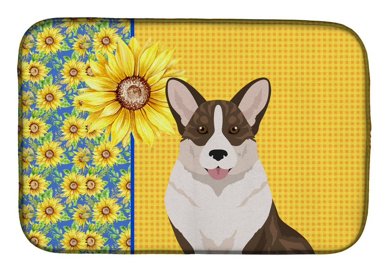 Summer Sunflowers Brindle Cardigan Corgi Dish Drying Mat – Absorbent, Artistic Kitchen Essentials