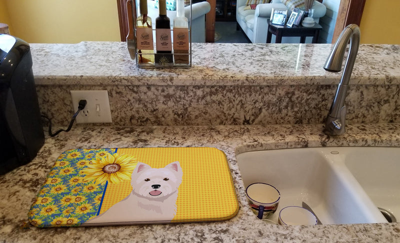 Summer Sunflowers Westie West Highland White Terrier Dish Drying Mat – Absorbent, Artistic Kitchen Essentials