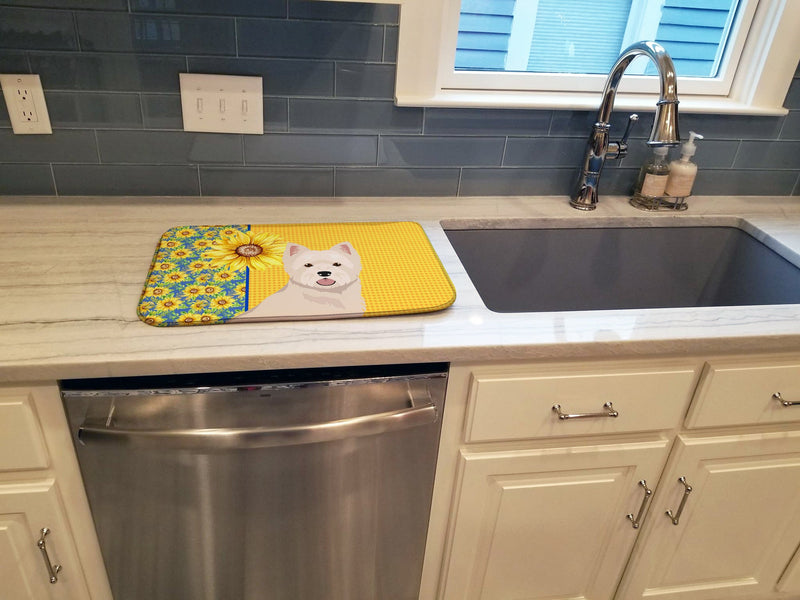 Summer Sunflowers Westie West Highland White Terrier Dish Drying Mat – Absorbent, Artistic Kitchen Essentials
