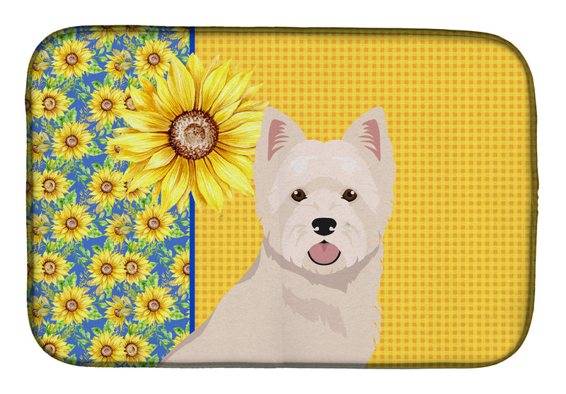Summer Sunflowers Westie West Highland White Terrier Dish Drying Mat – Absorbent, Artistic Kitchen Essentials