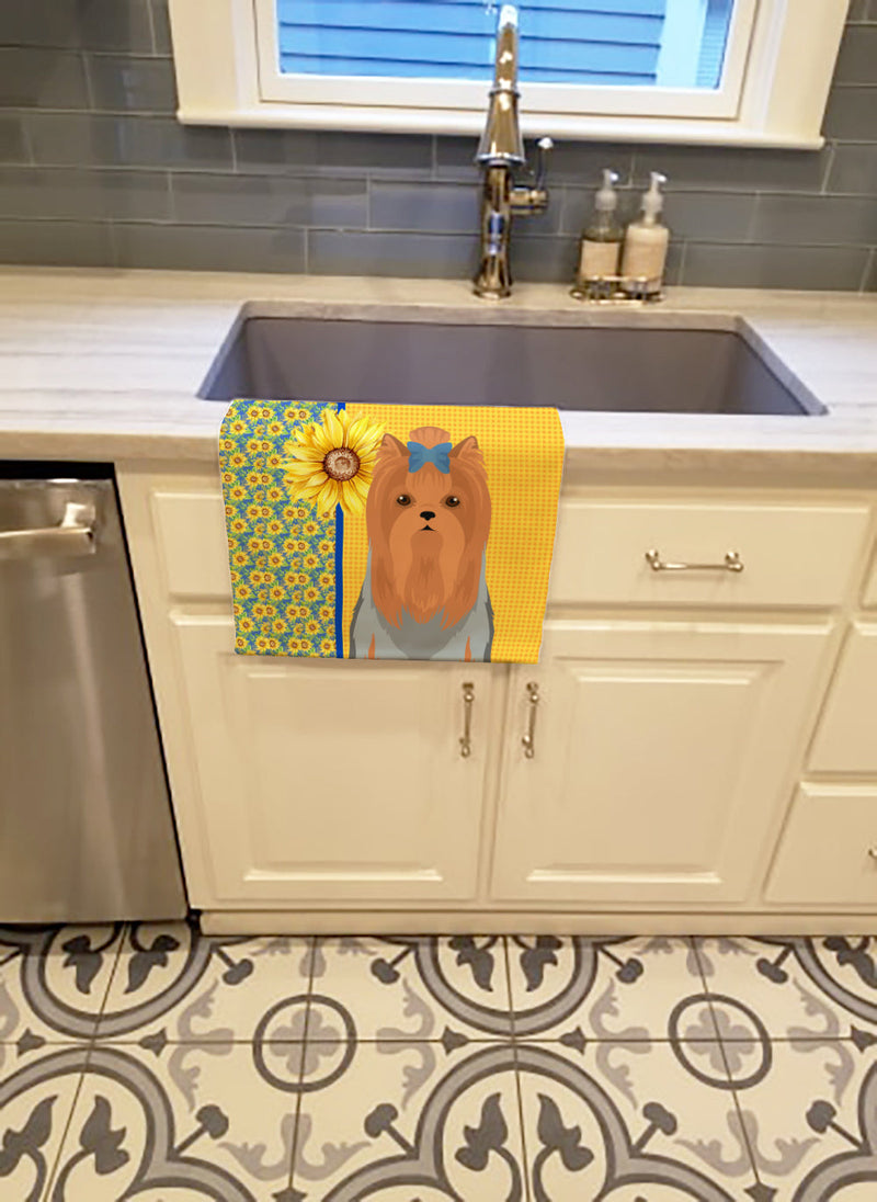 Summer Sunflowers Blue and Tan Full Coat Yorkshire Terrier Kitchen Towel