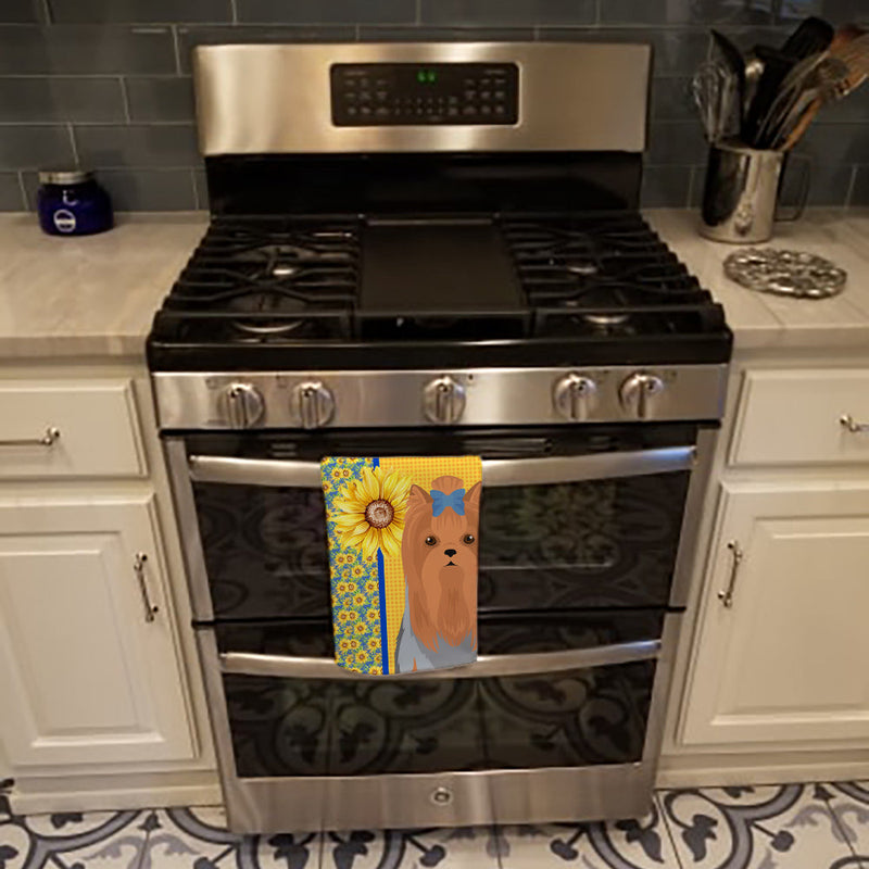 Summer Sunflowers Blue and Tan Full Coat Yorkshire Terrier Kitchen Towel