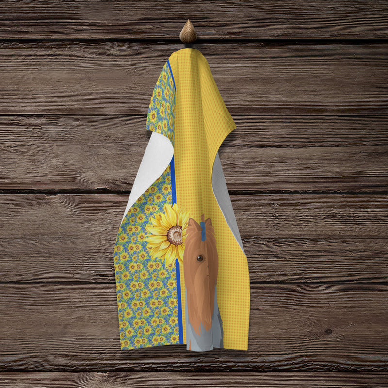 Summer Sunflowers Blue and Tan Full Coat Yorkshire Terrier Kitchen Towel