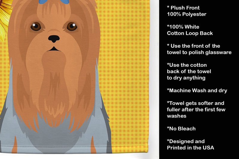 Summer Sunflowers Blue and Tan Full Coat Yorkshire Terrier Kitchen Towel
