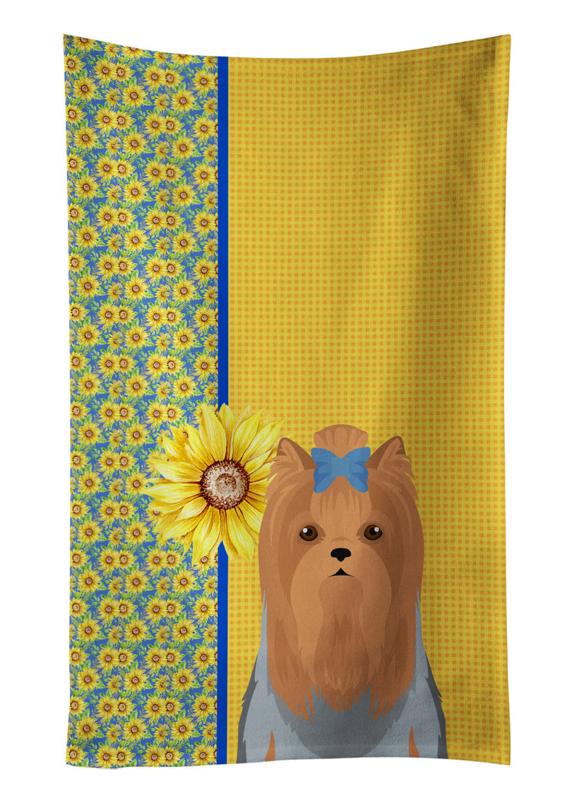 Summer Sunflowers Blue and Tan Full Coat Yorkshire Terrier Kitchen Towel