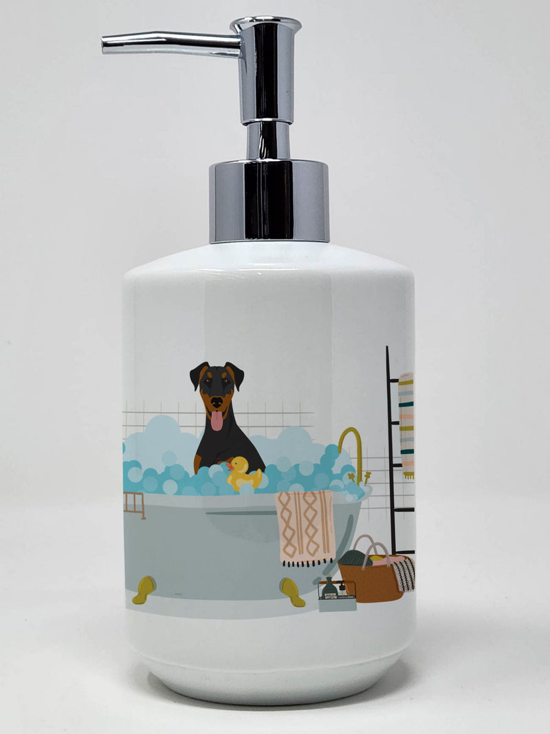 Natural Ear Black and Tan Doberman Pinscher Ceramic Soap Dispenser