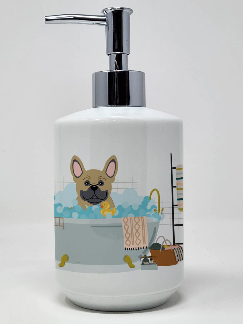 Cream French Bulldog in Bathtub Ceramic Soap Dispenser