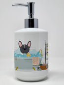 Black White French Bulldog in Bathtub Ceramic Soap Dispenser