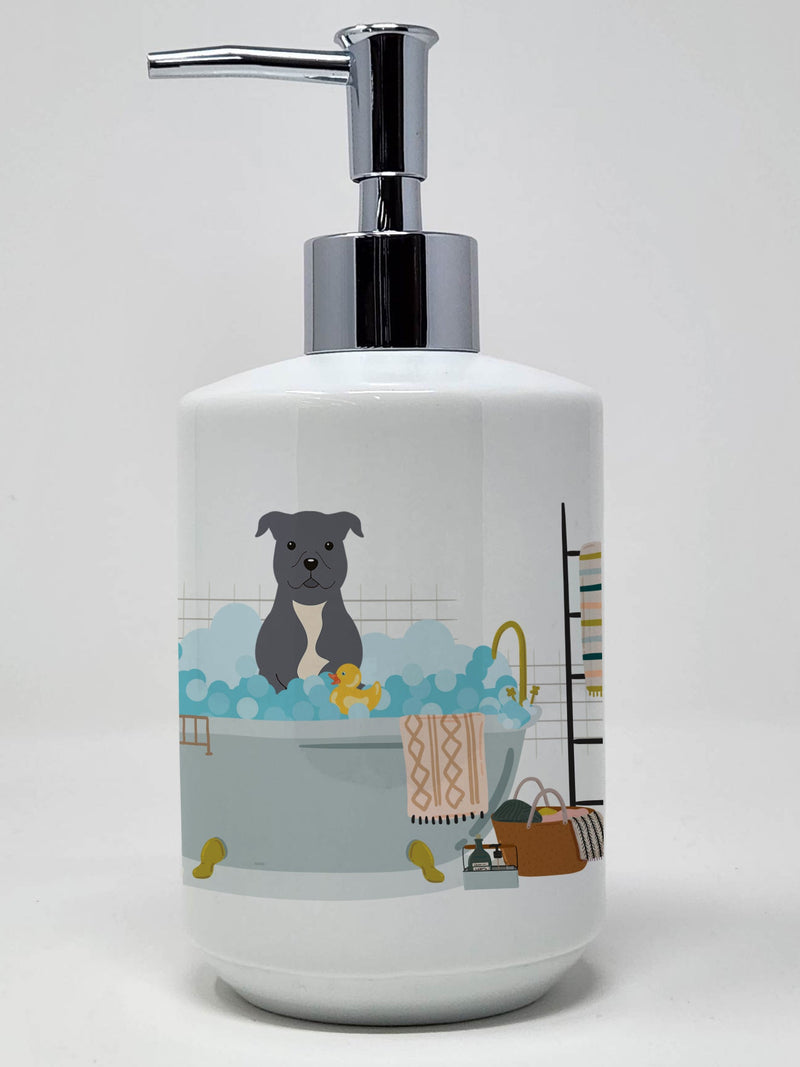 Blue Staffordshire Bull Terrier in Bathtub Ceramic Soap Dispenser