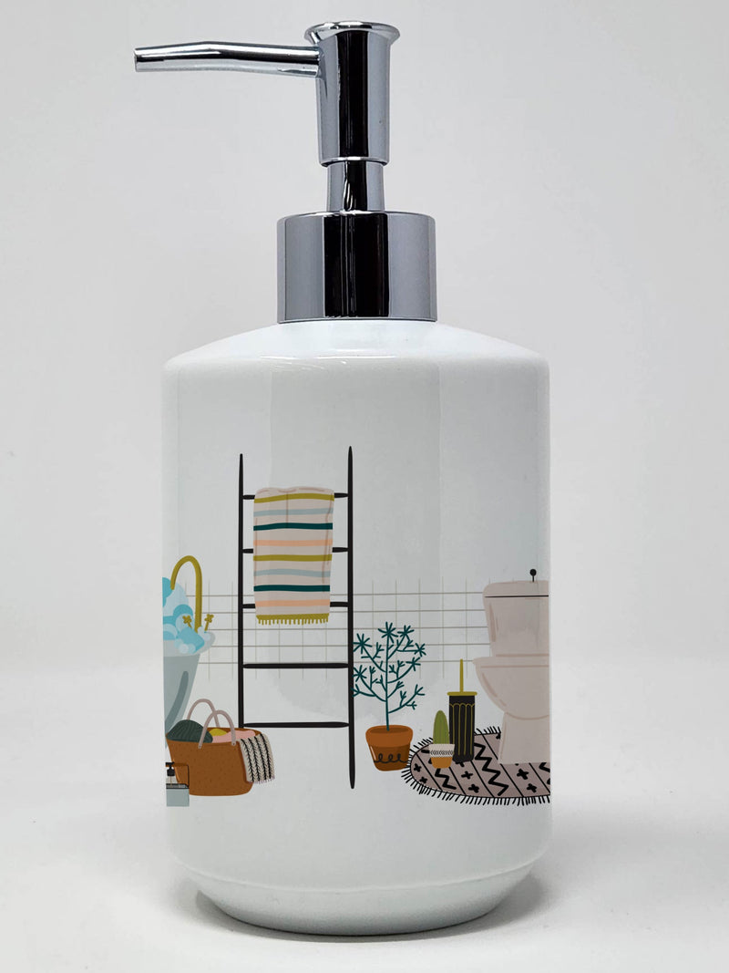 Red White Shih Tzu in Bathtub Ceramic Soap Dispenser