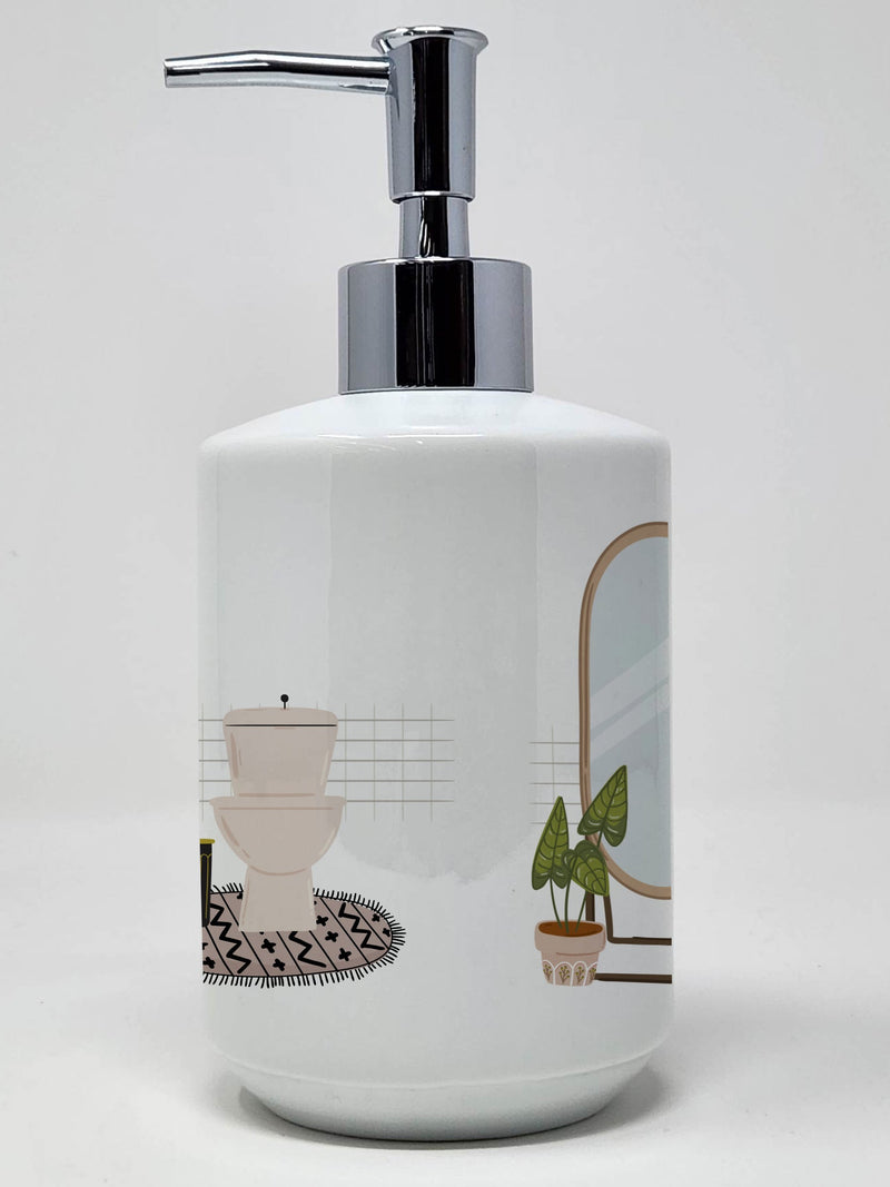 Red White Shih Tzu in Bathtub Ceramic Soap Dispenser