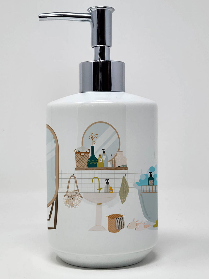 Red White Shih Tzu in Bathtub Ceramic Soap Dispenser