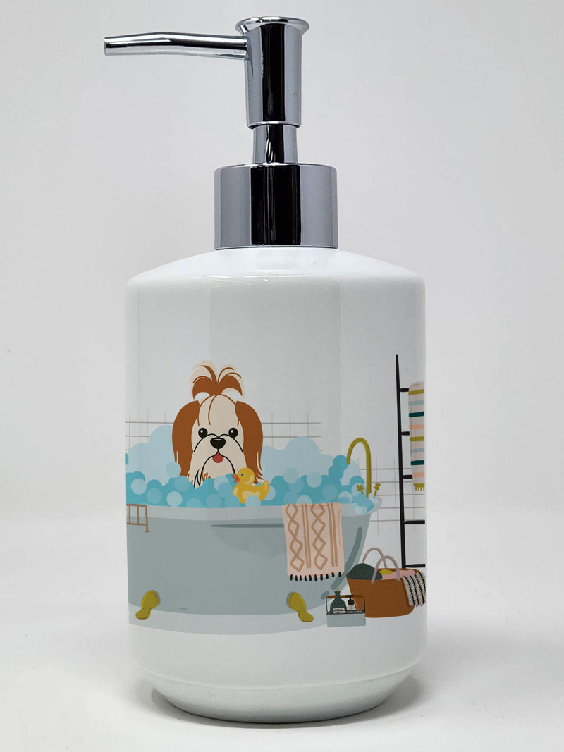 Red White Shih Tzu in Bathtub Ceramic Soap Dispenser