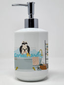 Black White Shih Tzu in Bathtub Ceramic Soap Dispenser