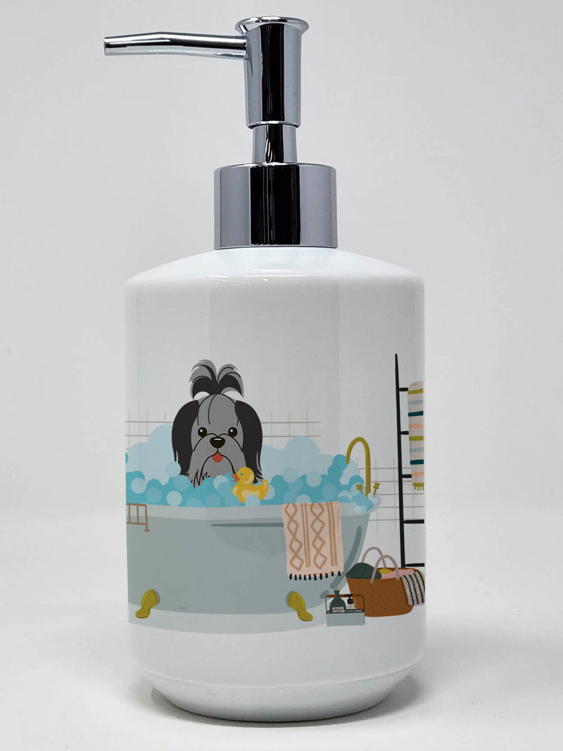 Black Silver Shih Tzu in Bathtub Ceramic Soap Dispenser