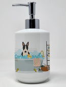 Black White Bull Terrier in Bathtub Ceramic Soap Dispenser