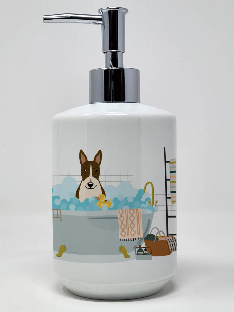 Dark Brindle Bull Terrier in Bathtub Ceramic Soap Dispenser