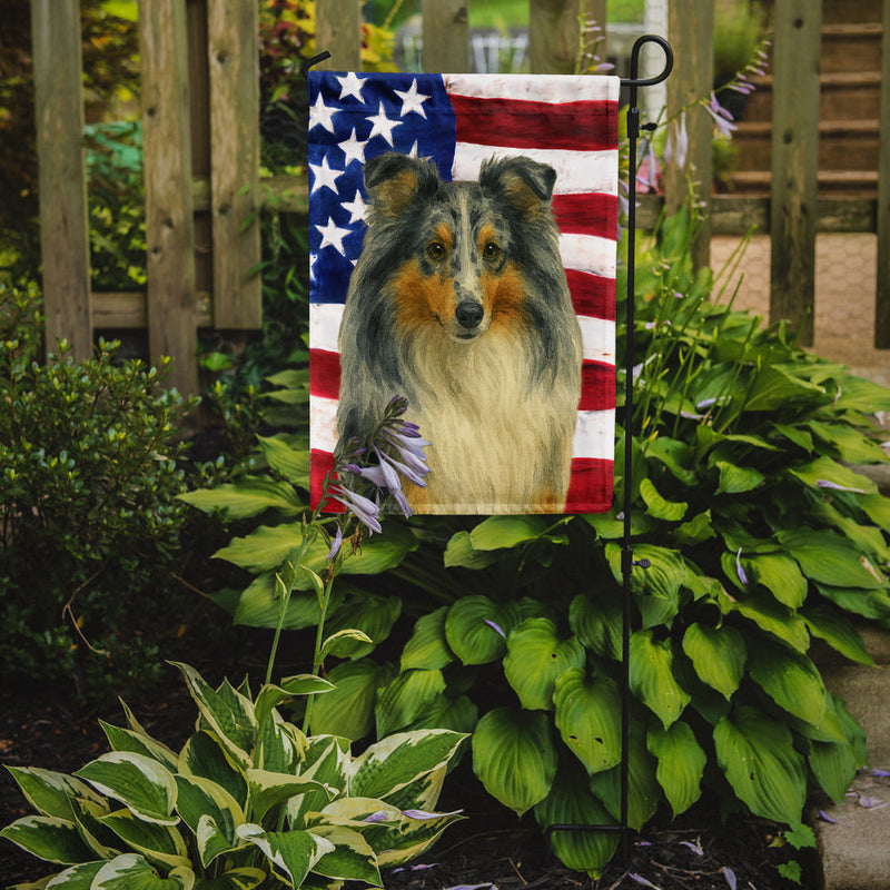 Blue Merle Sheltie American Flag Garden Flag