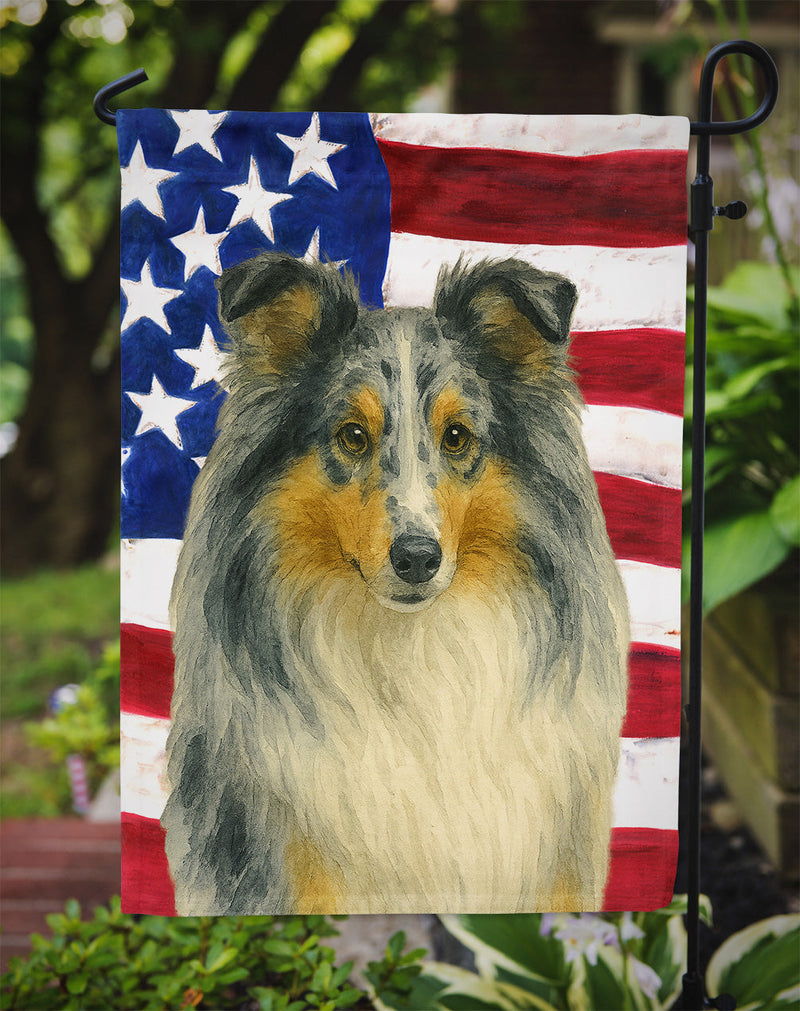 Blue Merle Sheltie American Flag Garden Flag