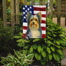 Blue and Gold Biewer Terrier American Flag Garden Flag