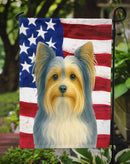 Blue and Gold Biewer Terrier American Flag Garden Flag