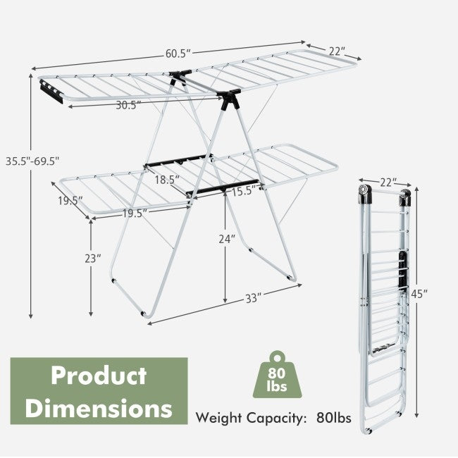 White 2 Level Foldable Clothes Drying Rack Adjustable Height, photo 4 of 4