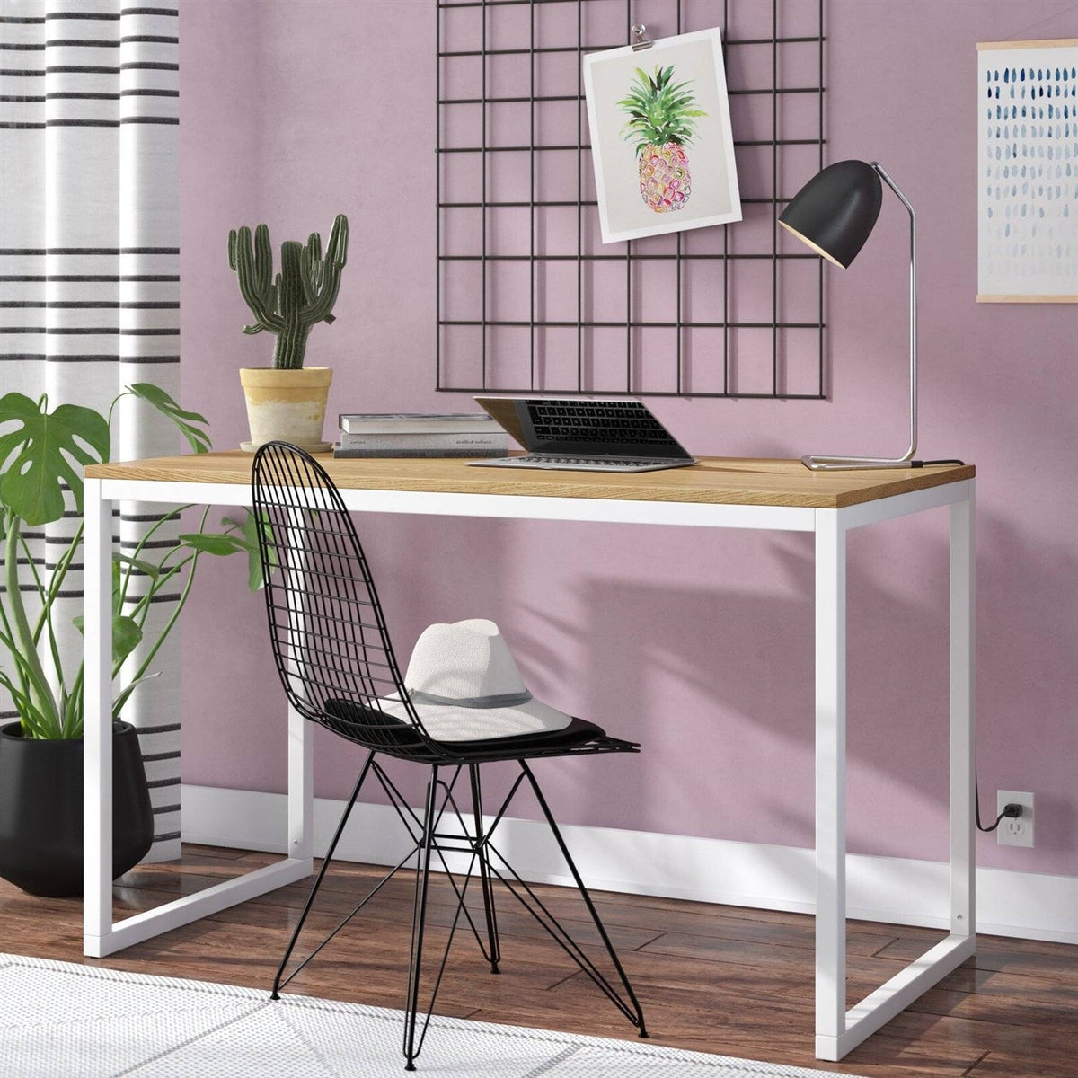 Modern Home Office Desk with White Metal Frame and Wood Table Top, photo 2 of 5