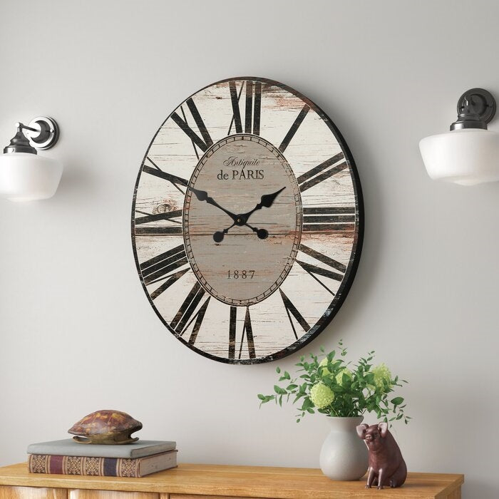 White Washed Oversized Distressed Paris Wood Wall Clock, photo 2 of 5