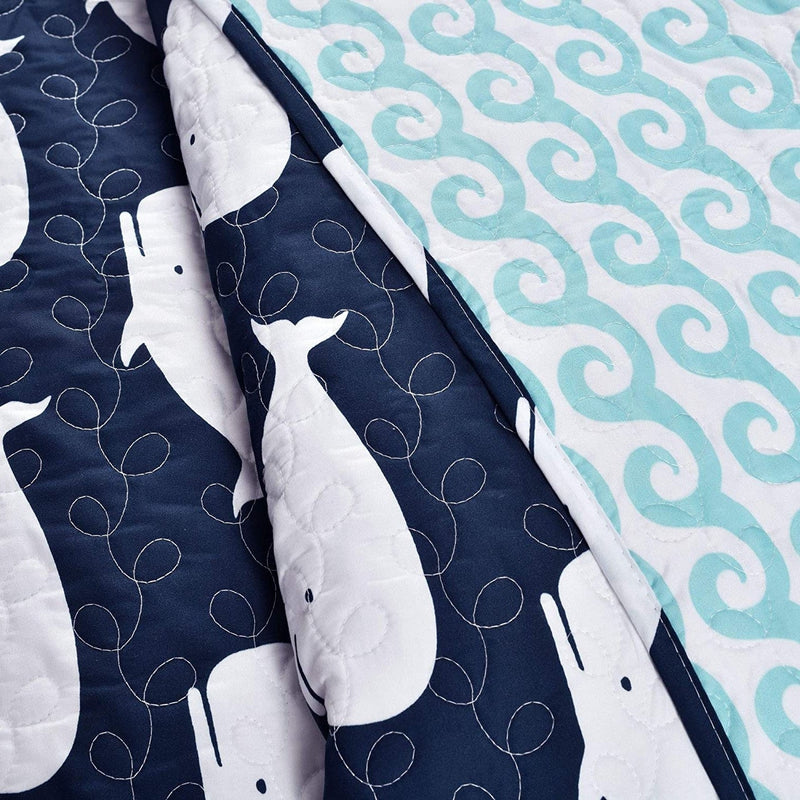 Full/Queen 5 Piece Bed In A Bag Navy Teal Microfiber Waves Whales Quilt Set, photo 3 of 4