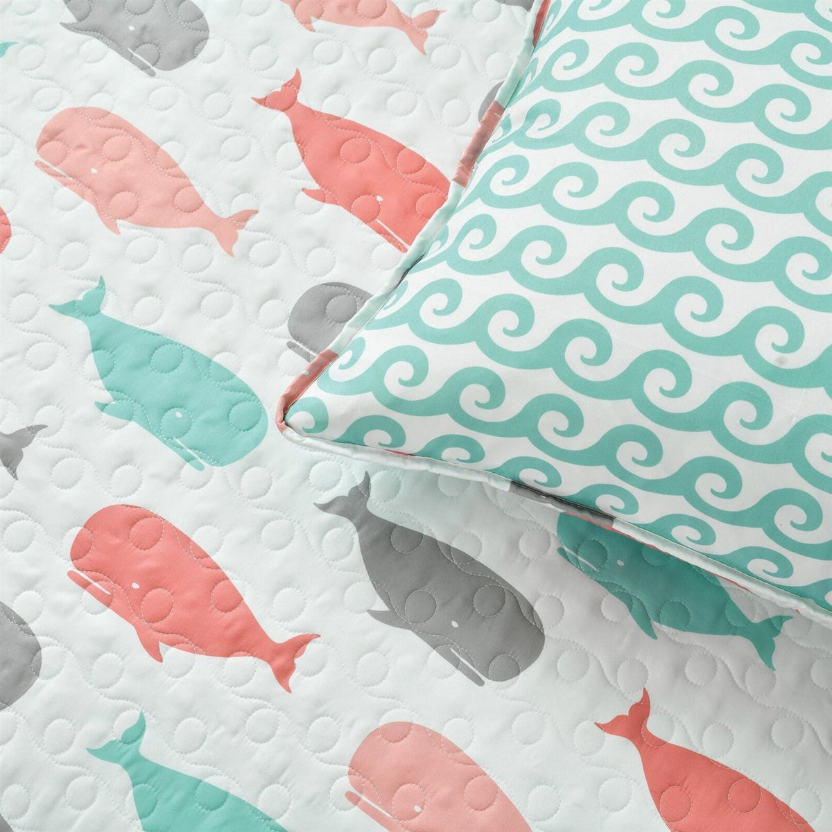 Full/Queen 5 Piece Microfiber Quilt Set in Teal Pink Aqua Waves Whale Pattern, photo 3 of 4