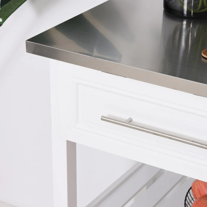 White Rolling Kitchen Island 2 Drawers Storage with Stainless Steel Top, photo 2 of 5