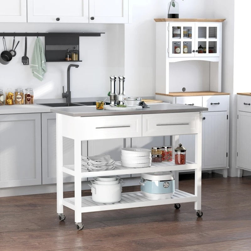 White Rolling Kitchen Island 2 Drawers Storage with Stainless Steel Top, photo 4 of 5