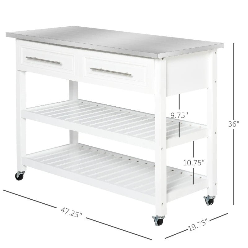 White Rolling Kitchen Island 2 Drawers Storage with Stainless Steel Top, photo 5 of 5