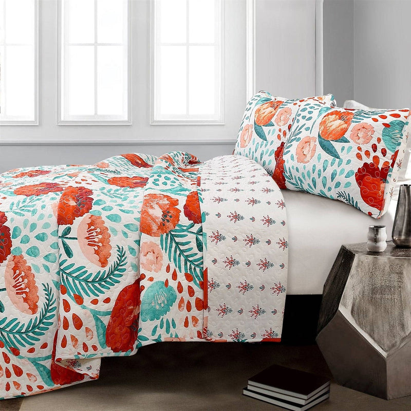 Full/Queen Red Poppy Flower White Teal Lightweight 3 Piece Cotton Quilt Set, photo 2 of 5