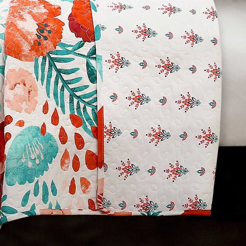 Full/Queen Red Poppy Flower White Teal Lightweight 3 Piece Cotton Quilt Set, photo 4 of 5