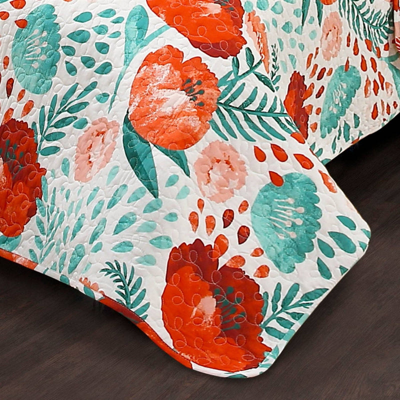 Full/Queen Red Poppy Flower White Teal Lightweight 3 Piece Cotton Quilt Set, photo 5 of 5