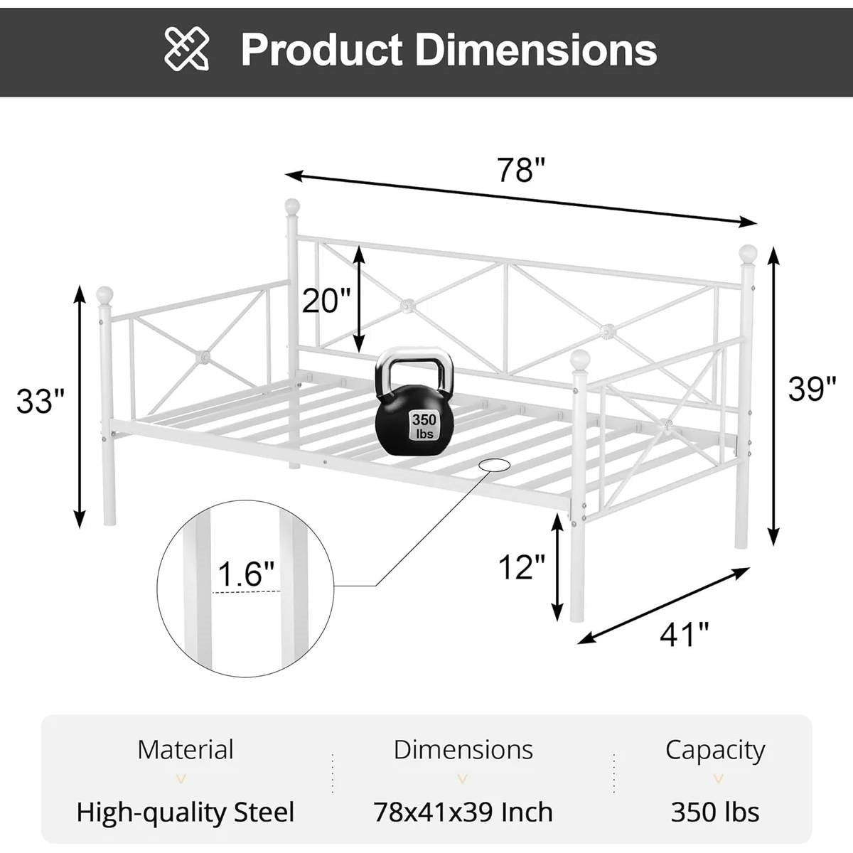 Twin size Heavy Duty Metal Daybed Frame in Classic White Finish, photo 5 of 5